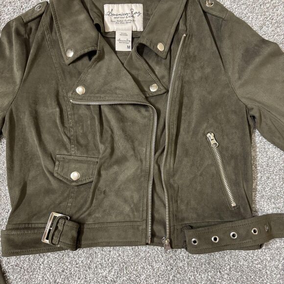 American Rag Cie Jacket Womens Medium Green Faux Suede Moto Belted Biker Cropped - Picture 5 of 14